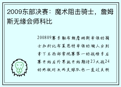 2009东部决赛：魔术阻击骑士，詹姆斯无缘会师科比